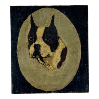 Stunning Antique Folk Art Oil on Board Painting of Boston Terrier Dog For Sale