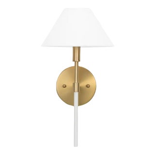 Matthew Izzo Home - Alfie Brushed Brass & Glossy White Lacquer Wall Sconce With White Linen Coolie Shade For Sale