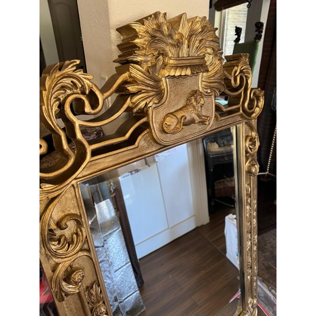 Baroque Large Baroque-Style Gilt Carved Lion Crest Mirror, 52” X 34” For Sale - Image 3 of 11
