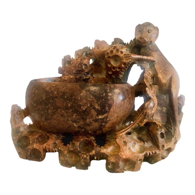 A Chinese Scholar’s Soapstone Brush Washer Featuring a Monkey With a Lotus Pod For Sale
