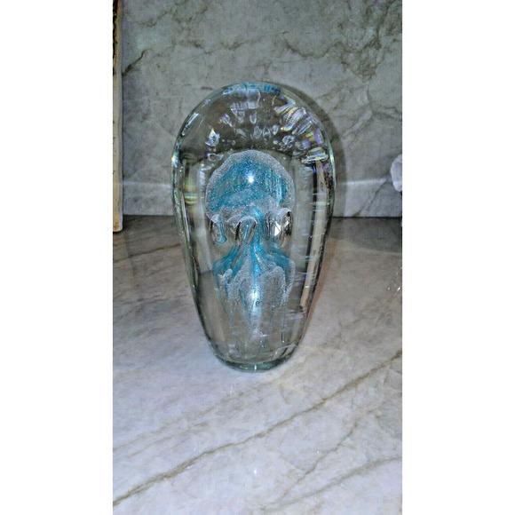 Blue 1970s Paperweight Jellyfish 7" Handblown Glass Man-O-War Ocean Blue Clear Egg Shaped For Sale - Image 8 of 10