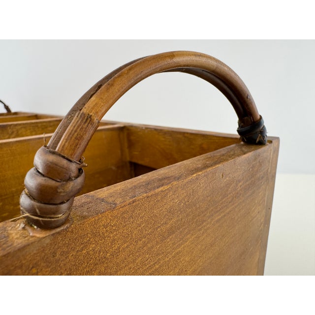 A generously proportioned vintage Indonesian storage caddy combining warm honey-toned wood with natural woven-fiber panels...