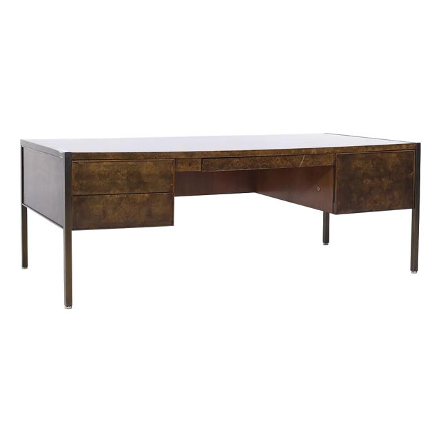 Mastercraft Style Mid Century Burlwood and Brass Executive Desk For Sale