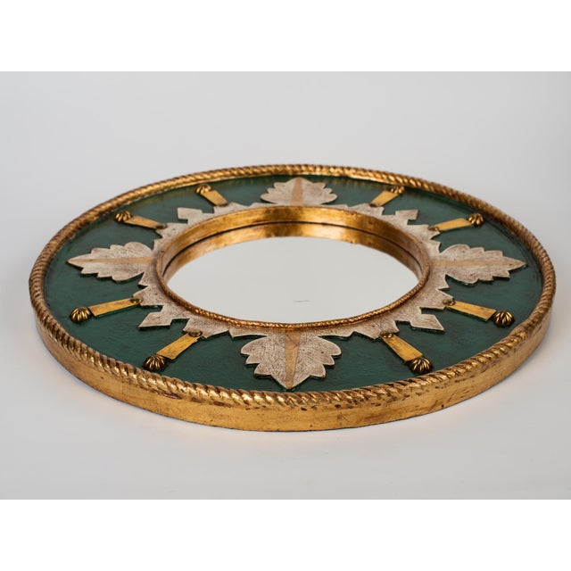 Spanish Revival Vintage Spanish Sunburst Wall Mirror – Emerald Green & Gold Leaf For Sale - Image 3 of 11
