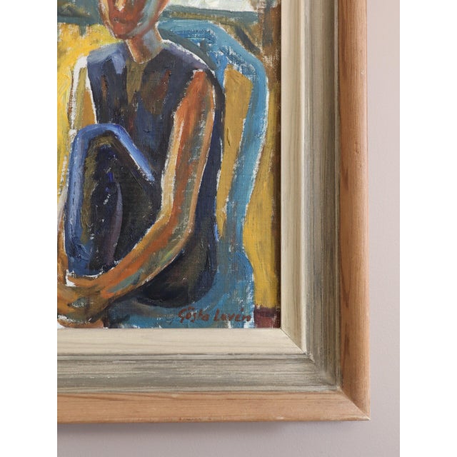 Blue Mid-Century Modern 'Figures at the Window' Vintage Swedish Expressive Figurative Oil Painting, Framed For Sale - Image 8 of 14
