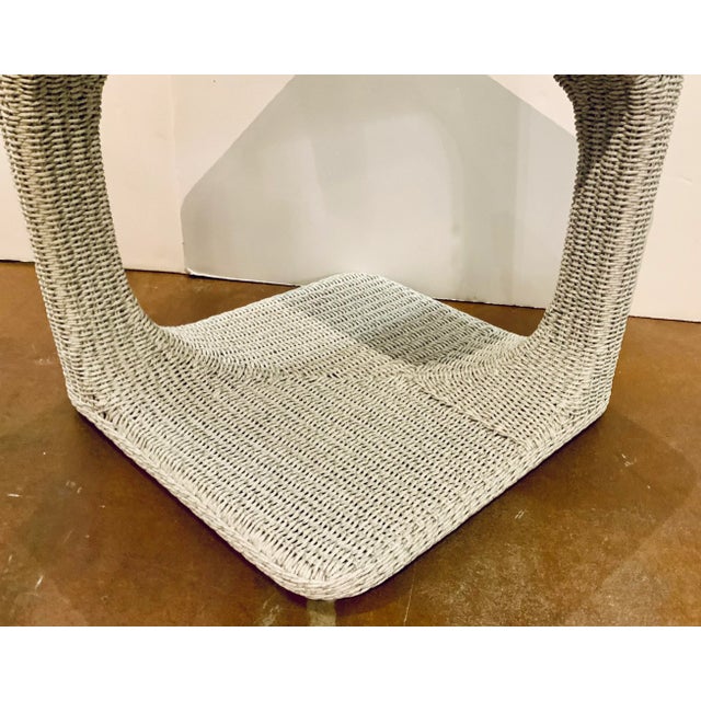 Original retail $1670, stylish Made Goods Organic Modern White Faux Wicker End Table, showroom floor sample