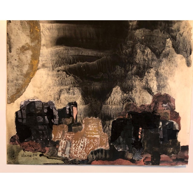 Abstract Expressionism Yitzhak Greenfield, Kibbutz Abstract Jerusalem Nightscape Israeli Tempera Collage Painting Judaica, 1967 For Sale - Image 3 of 8