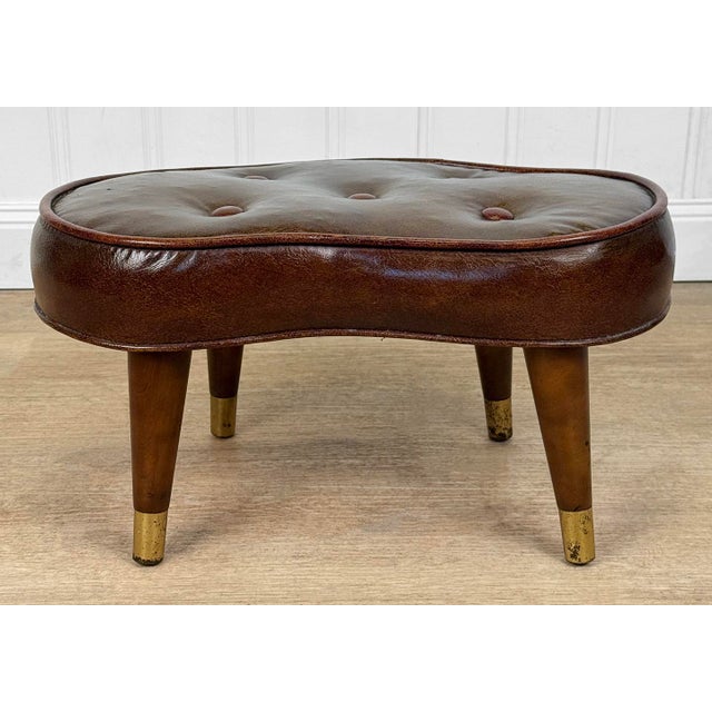 Mid-Century Button Tuft Brown Vinyl Kidney Footstool Ottoman For Sale - Image 4 of 10