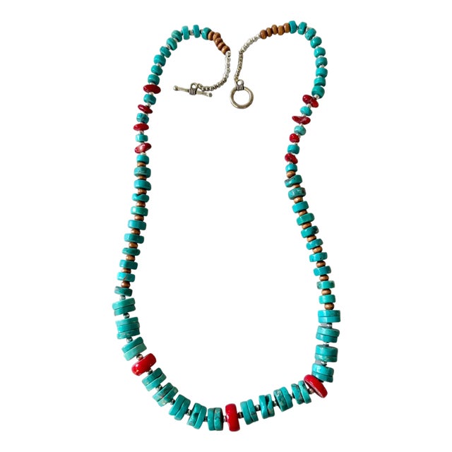 Vintage Turquoise and Coral Beaded Necklace For Sale