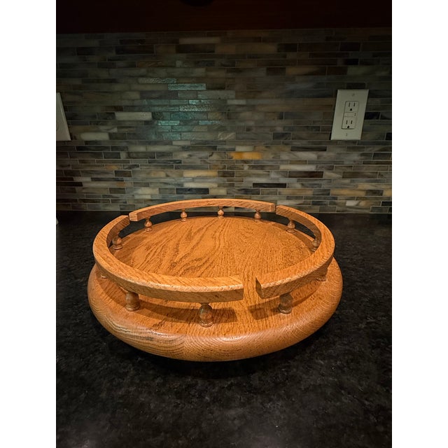 1980s Vintage Solid Oak 14" Lazy Susan With Spindle Rail For Sale - Image 5 of 6