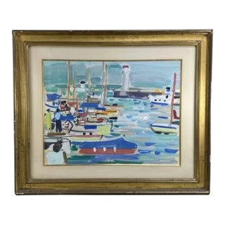 Mid 20th Century Robert Savary Large Framed Mid-Century French Riviera Gouache "Le Port De Cannes" For Sale