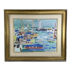 Mid 20th Century Robert Savary Large Framed Mid-Century French Riviera Gouache "Le Port De Cannes"
