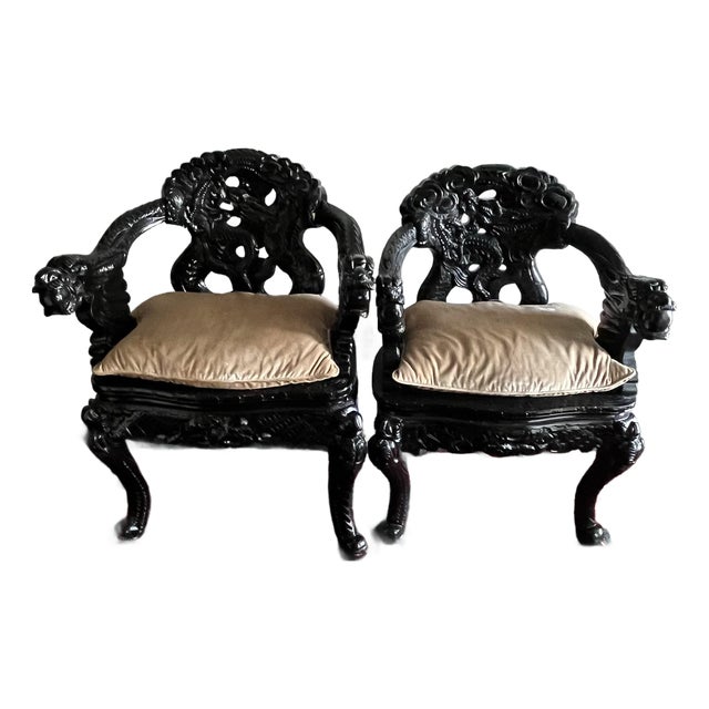 Antique Armchair Dragon Carved Japanese Thrown Chair - A Pair For Sale