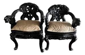 Antique Armchair Dragon Carved Japanese Thrown Chair - A Pair