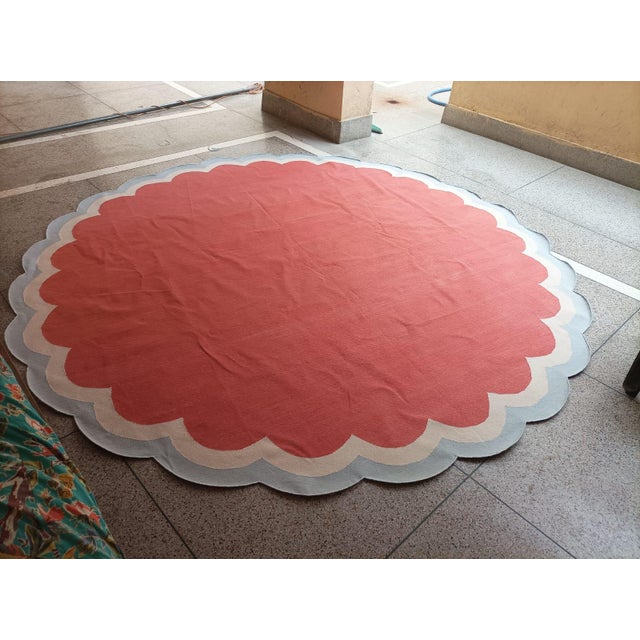Handmade Cotton Round Scalloped Rug, Terracotta, Cream and Light Blue Round Dhurrie-9' Round For Sale - Image 12 of 13