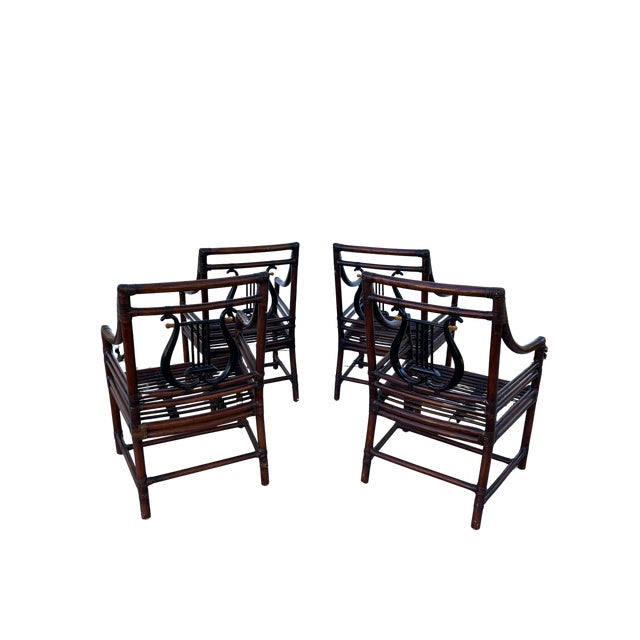 Hollywood Regency Vintage PTMC Bamboo Rattan Lyre-Back Armchairs For Sale - Image 3 of 7