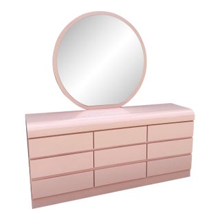 Postmodern Pink Gloss Laminate Waterfall Dresser With Mirror For Sale