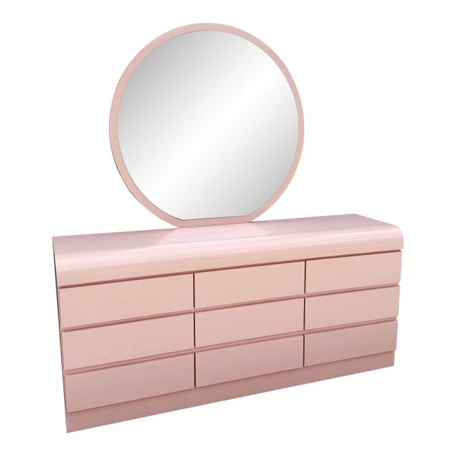 Postmodern Pink Gloss Laminate Waterfall Dresser With Mirror For Sale