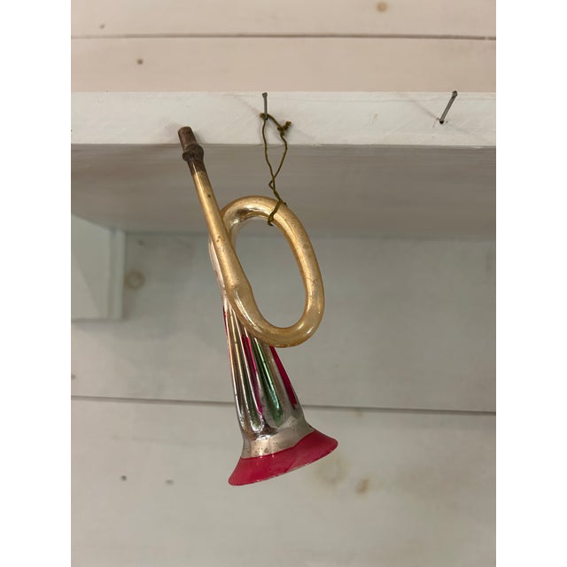 Early 1900's hand blown mercury glass French horn Christmas ornament. Hand painted.