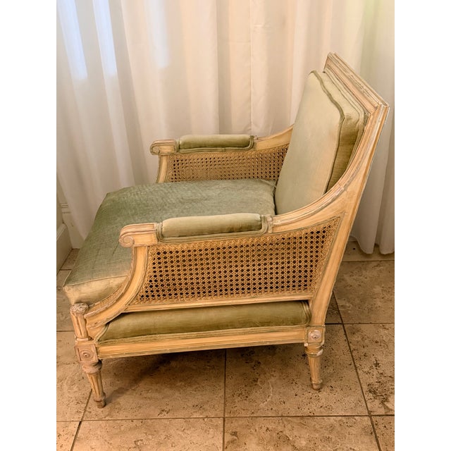 Light Green Mid 20th Century Rare Pair Louis XVI French Style Carved Bergere Chairs With Cane Sides For Sale - Image 8 of 16