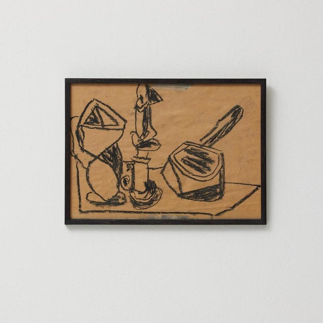 A striking Cubist still life drawing by contemporary artist Vastian, executed in deep black charcoal on paper. Created...