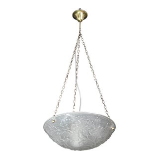 French Art Deco Glass Bowl Pendant Chandelier With Floral Pattern, 1950 For Sale