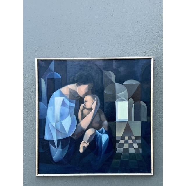 Wood Vintage Original Abstract Figurative Oil Painting of Mother and Child For Sale - Image 7 of 12