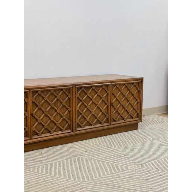 Drexel Collage MCM Low Console Lattice Door Faces Vintage Credenza Finished Back For Sale - Image 11 of 16