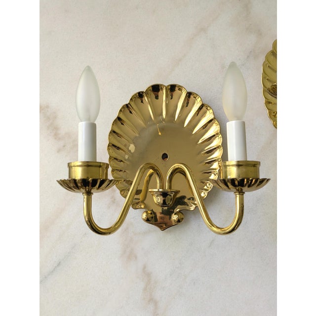 Metal Mid Century Hollywood Regency Style Brass Shell Two Light Electric Wall Sconce - A Pair For Sale - Image 7 of 11