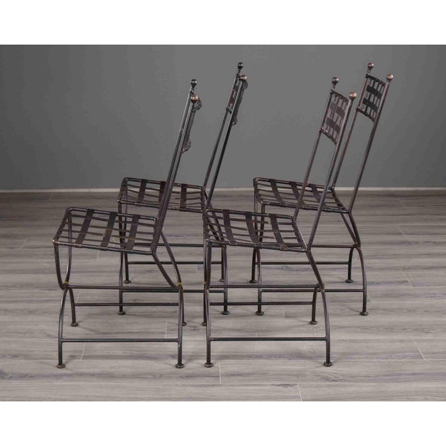 French Set of Four French Iron Curule Side Chairs With Woven Strap Seats For Sale - Image 3 of 12