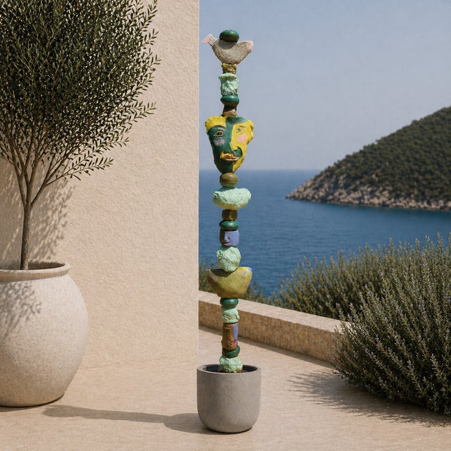 Marc Zimmerman "Green Symphony" Glazed Ceramic Totem, 80 Inches Tall, Deep Green and Gold Glaze, Face Element, Contemporary Art West Coast For Sale In Monterey, CA - Image 6 of 7