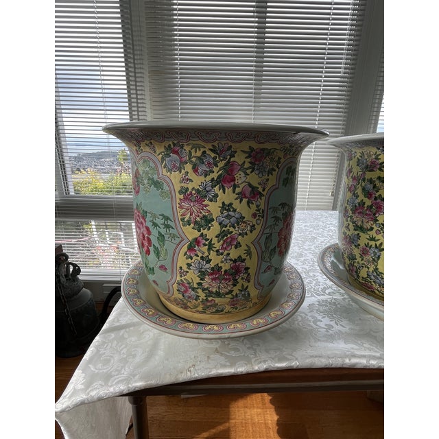 Chinese Pair Large 13" Chinese Famille Jaune Phoenix Porcelain Planters & Trays-Heavy For Sale - Image 3 of 11