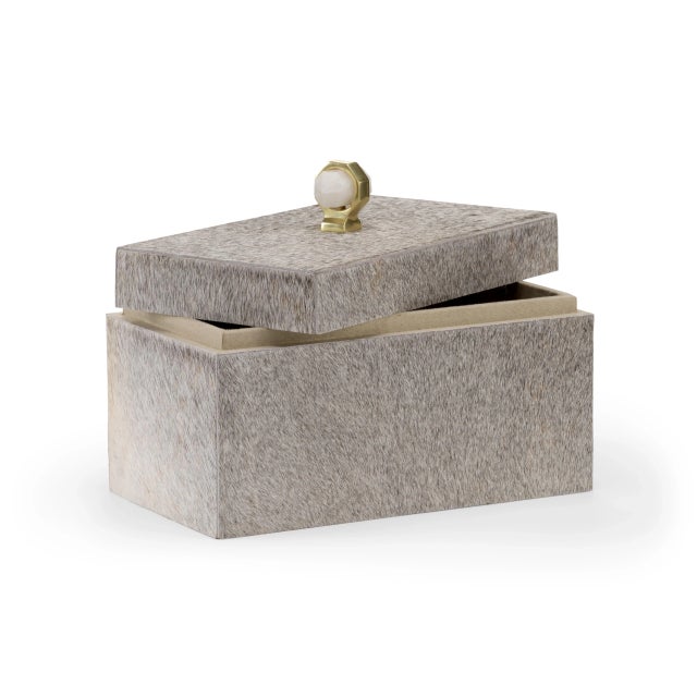 Gray hair on hide box with quartz hardware on lid, lined with taupe faux suede.
