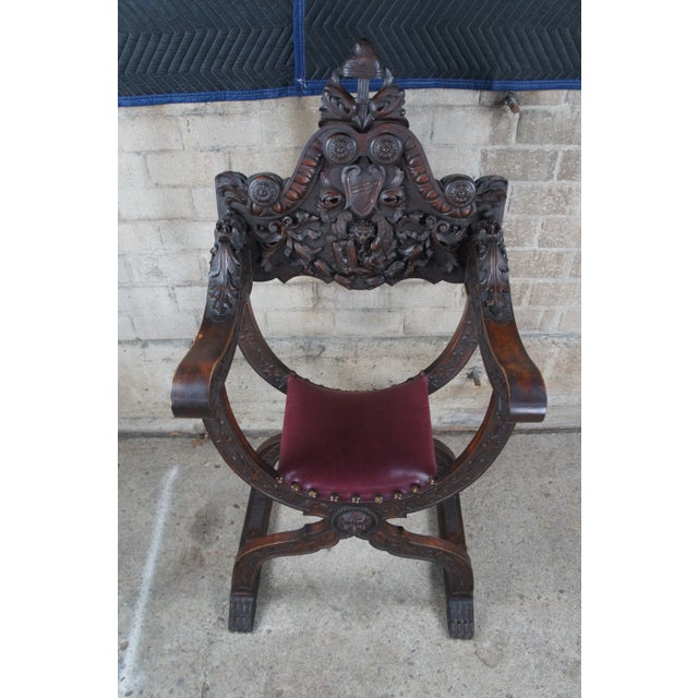 Late 19th Century Antique Italian Renaissance Revival Walnut Curule Savonarola Lion Throne Chair For Sale - Image 6 of 12