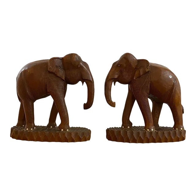 Vintage Teak Wood Hand Carved Elephant Bookends - a Pair For Sale