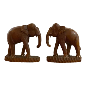 Vintage Teak Wood Hand Carved Elephant Bookends - a Pair