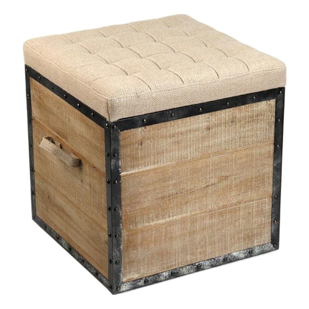 Faye Burlap/Oak Tufted Top Storage Cube For Sale