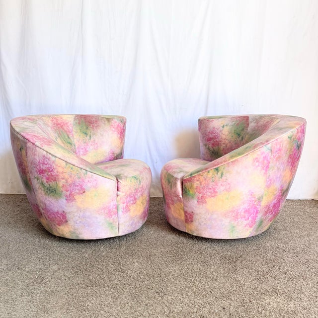 1980s Postmodern Pink Multi Colored Nautilus Swivel Lounge Chairs by Directional - A Pair For Sale - Image 5 of 12