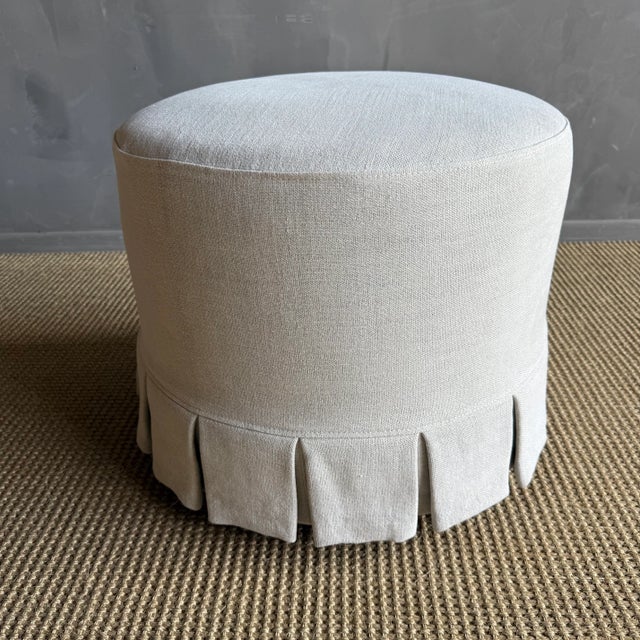 Mid-Century Modern Bailey Greige Slip Covered Ottoman in Linen With Pleated Skirt For Sale - Image 3 of 6
