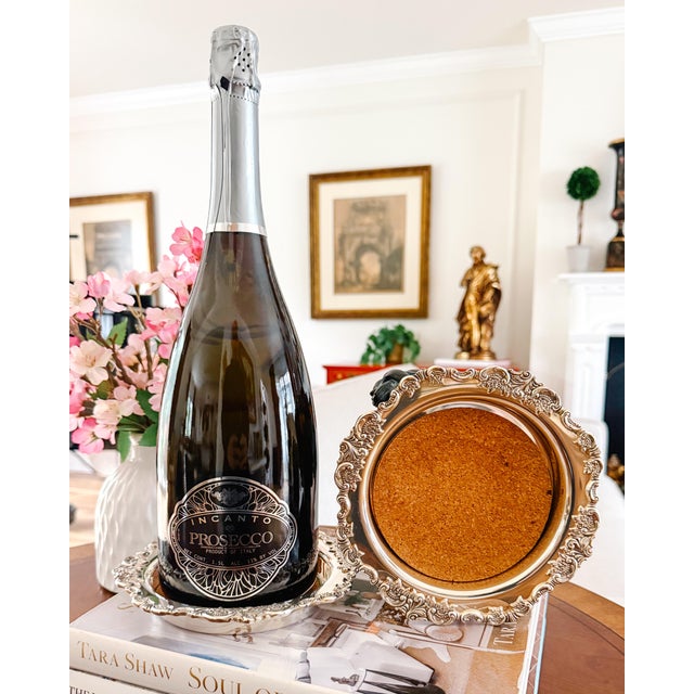 1970s Vintage Wallace Silverplate Baroque Wine Bottle Coasters With Cork Linings - Pair For Sale - Image 5 of 6