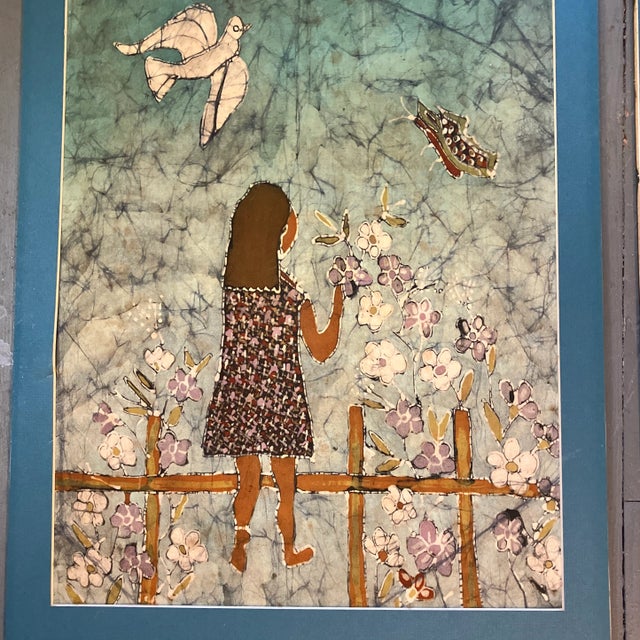 2 original batik paintings on fabric 13.5 x 17.5 laid down on foam core overall size with original teal colored mat is 16...