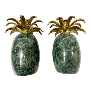 Vintage Green Marble & Brass Pineapple Candlestick Holders - a Pair For Sale