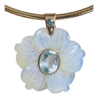 Flora Pendant, Opalite Flower With Sky Blue Topaz & 14k Gold For Sale
