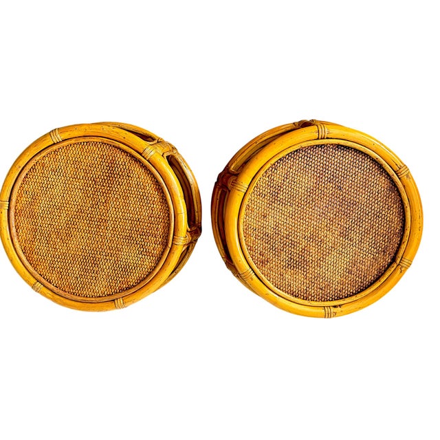 Wood Vintage Post Modern Bent Bamboo & Rattan Side Tables or Stools – A Pair For Sale - Image 7 of 12