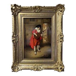 J.Lambert 19th C. Antique Oil Painting on Wood Portrait, Genre Scene, Gold Frame For Sale