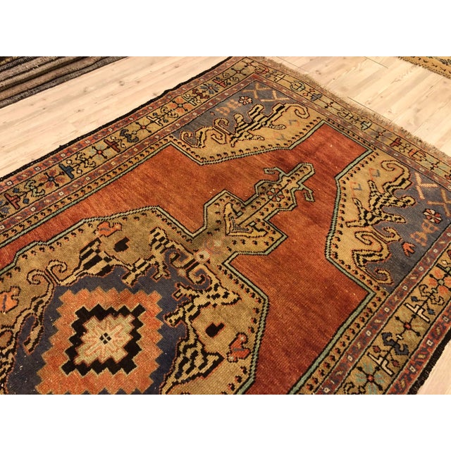 Peach Orange and Blue Bohemian Vintage Turkish Rug For Sale - Image 8 of 11