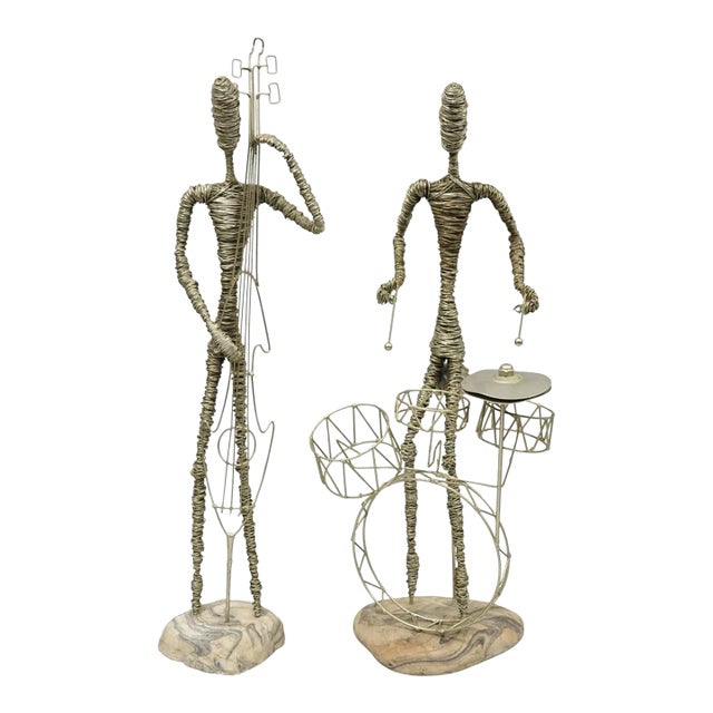Vintage Mid Century Modern Brutalist Wire Musician Band Figure Sculpture - Set of 2 For Sale