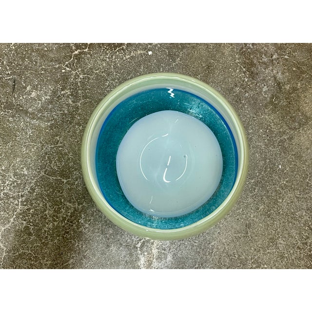 Glass Vintage Murano Cased Glass Bowl – Turquoise & Milk White Incamiciato – Italian Art Glass For Sale - Image 7 of 8