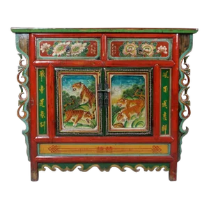 Hand Painted Ornate Cabinet With Tigers & Flowers From Tibet Circa 1920's