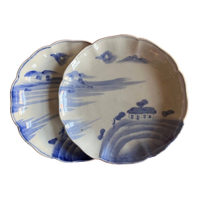 Antique 19th Century Japanese Meiji Blue & White Porcelain Landscape Plates With a Cottage - A Pair For Sale